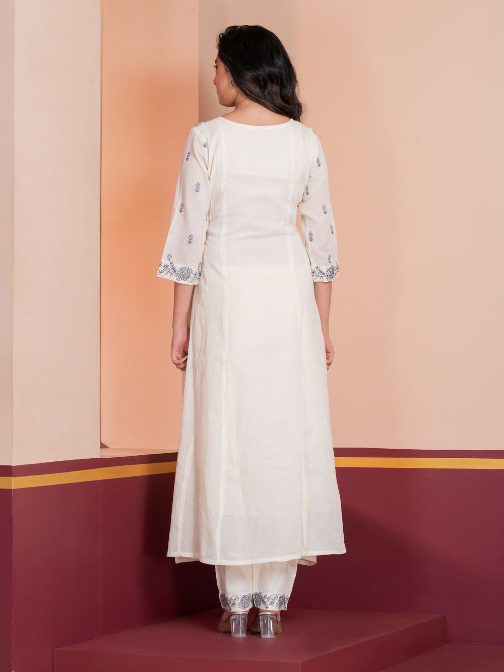 MALKORA IVORY COTTON MULMUL EMBROIDERED KALIDAR SUIT SET