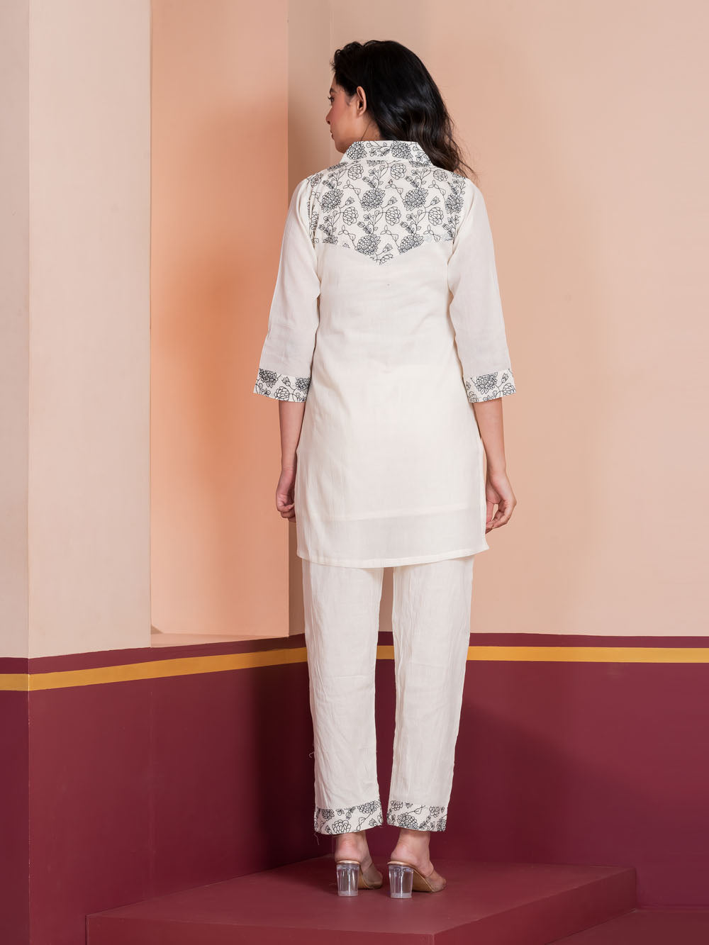 MALKORA EVERYDAY CHIC CO-ORD SET-OFFWHITE WITH BLACK EMBROIDERY