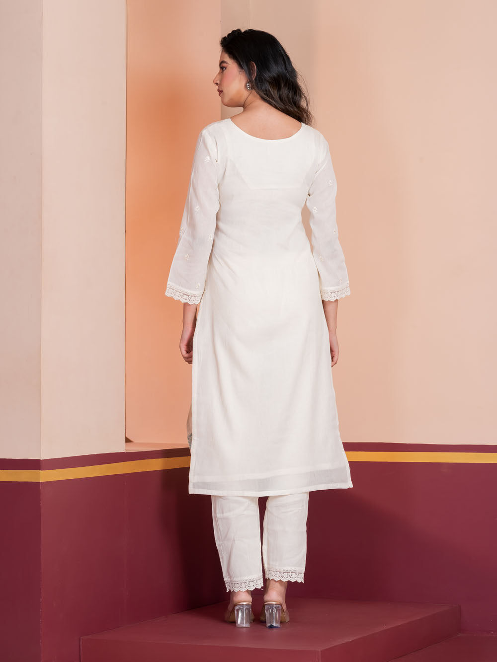 MALKORA IVORY ROSETTE EMBROIDERED SUIT SET