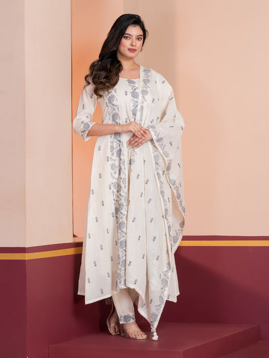 MALKORA IVORY COTTON MULMUL EMBROIDERED KALIDAR SUIT SET