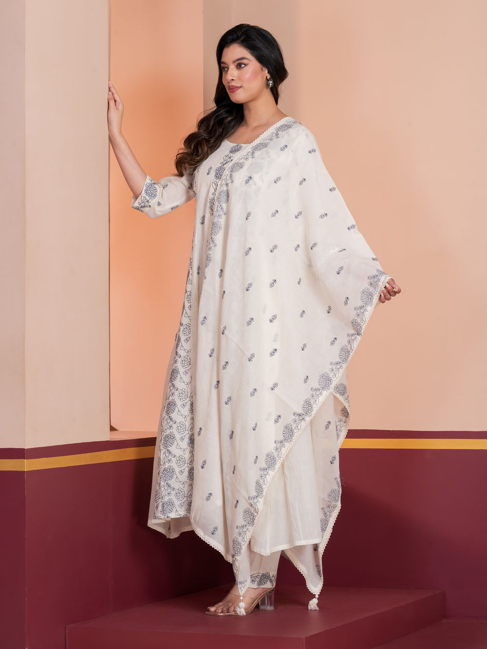 MALKORA IVORY COTTON MULMUL EMBROIDERED KALIDAR SUIT SET