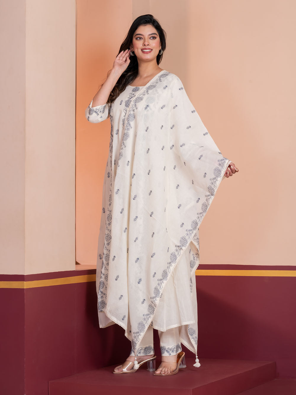 MALKORA IVORY COTTON MULMUL EMBROIDERED KALIDAR SUIT SET