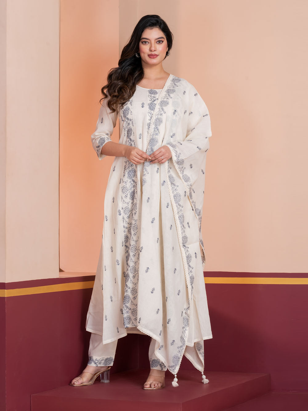 MALKORA IVORY COTTON MULMUL EMBROIDERED KALIDAR SUIT SET