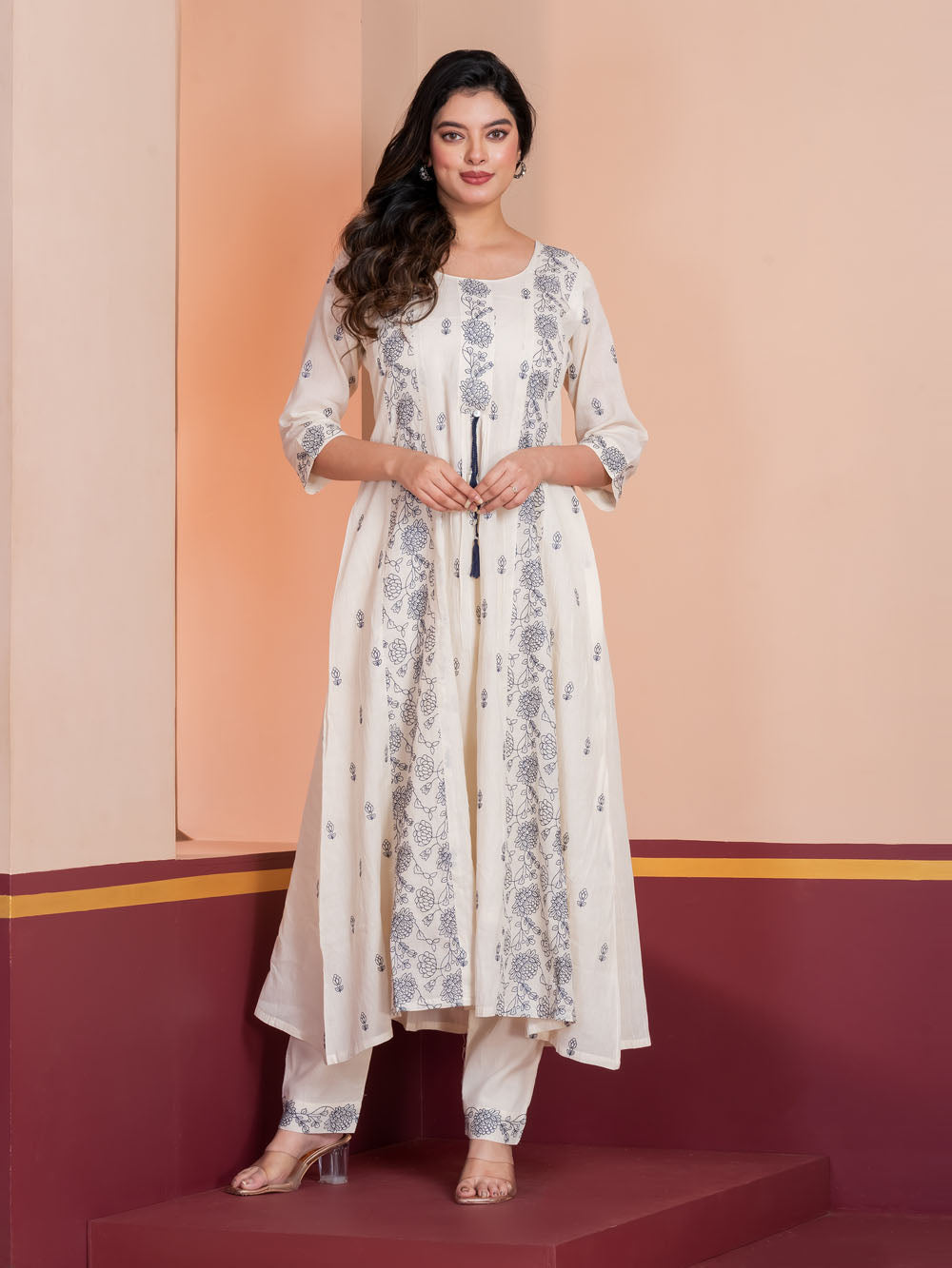 MALKORA IVORY COTTON MULMUL EMBROIDERED KALIDAR SUIT SET