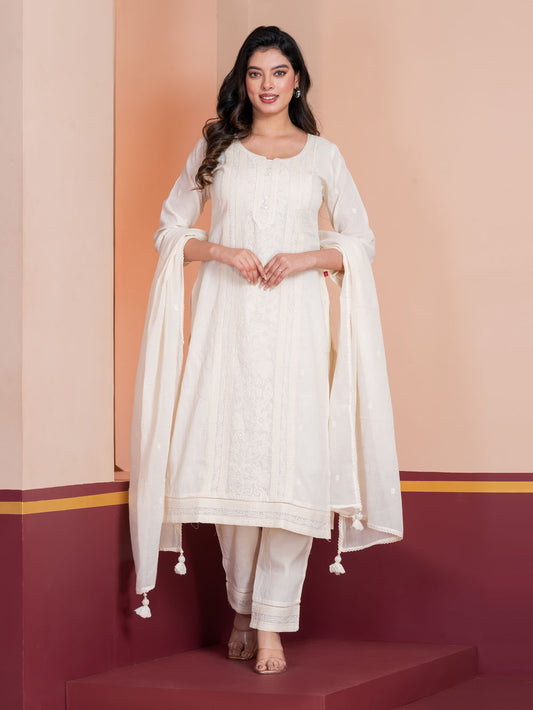 MALKORA OFFWHITE MULMUL COTTON SUIT-TONAL THREAD DETAILING