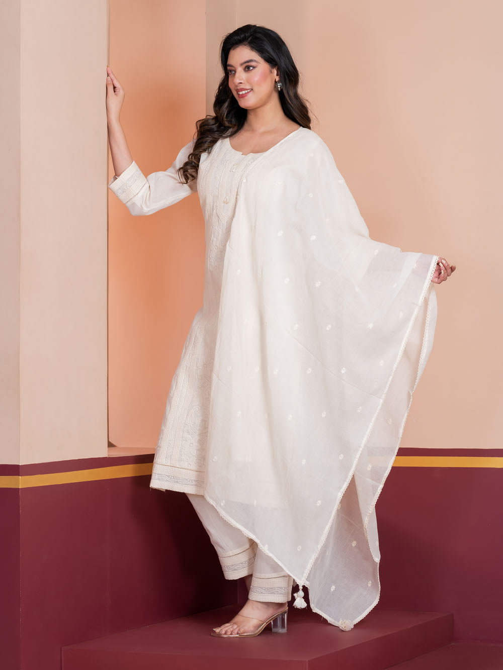 MALKORA OFFWHITE MULMUL COTTON SUIT-TONAL THREAD DETAILING