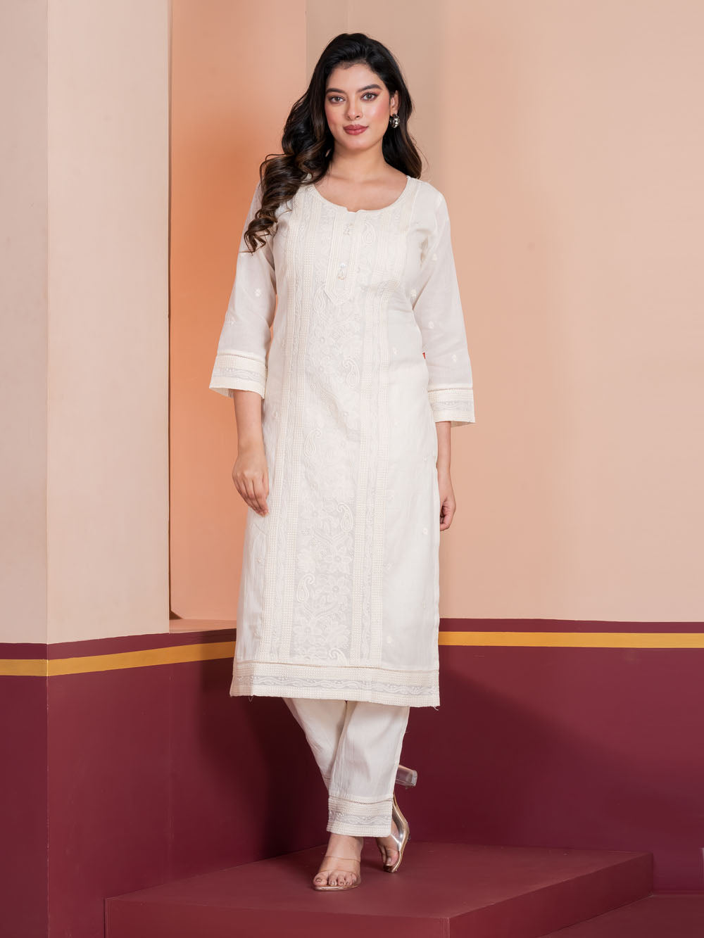 MALKORA OFFWHITE MULMUL COTTON SUIT-TONAL THREAD DETAILING