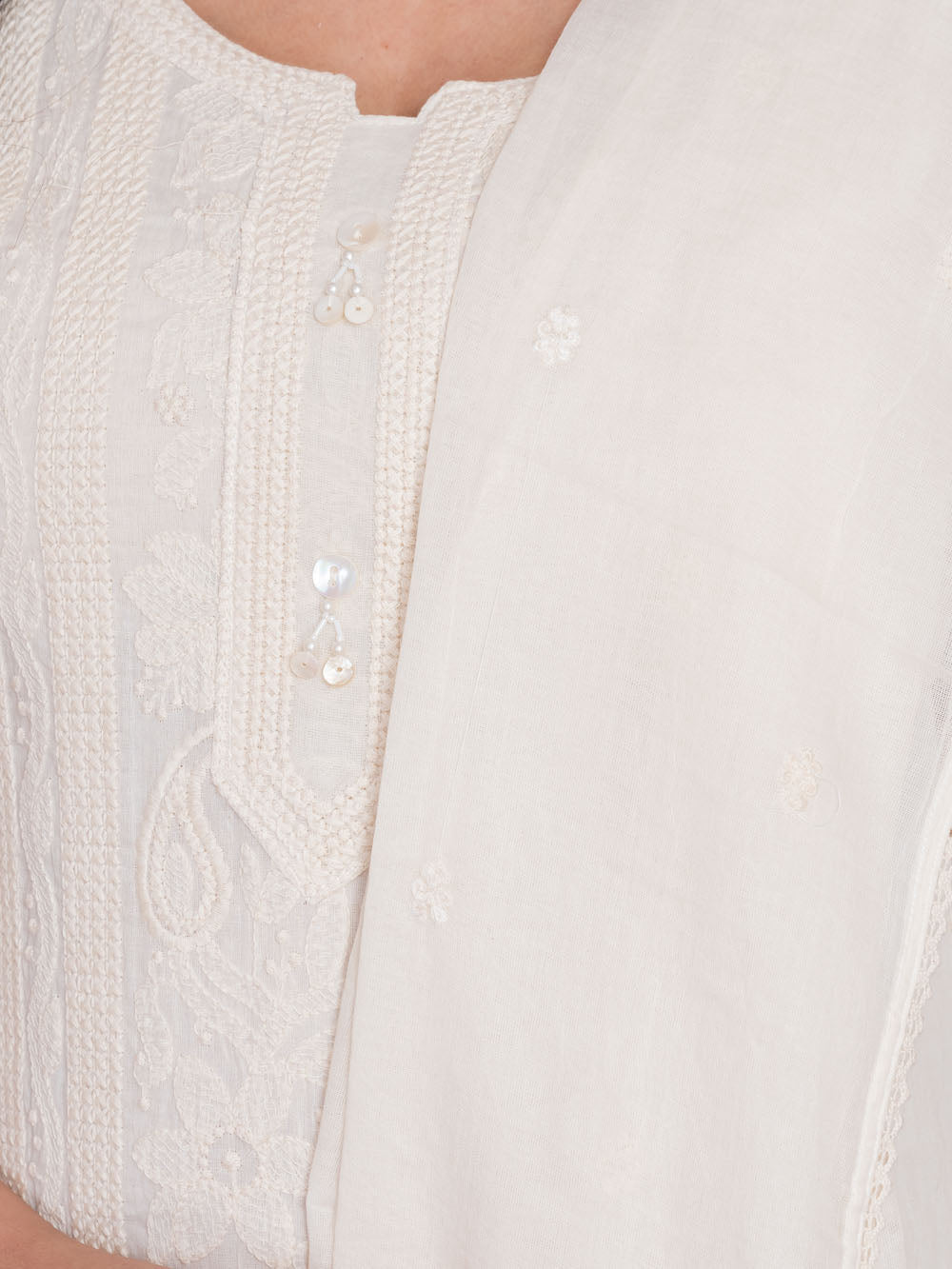 MALKORA OFFWHITE MULMUL COTTON SUIT-TONAL THREAD DETAILING