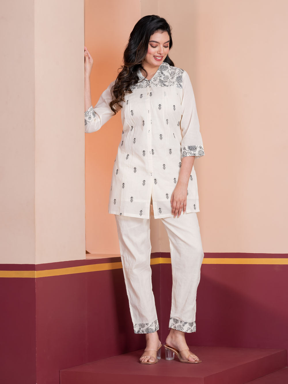 MALKORA EVERYDAY CHIC CO-ORD SET-OFFWHITE WITH BLACK EMBROIDERY