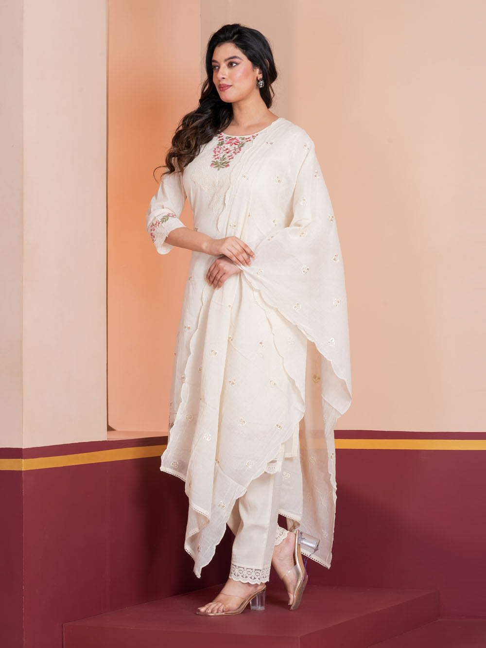 MALKORA IVORY COTTON MULMUL SUIT SET WITH PASTEL FLORAL EMBROIDERY & SCALLOP DETAILING
