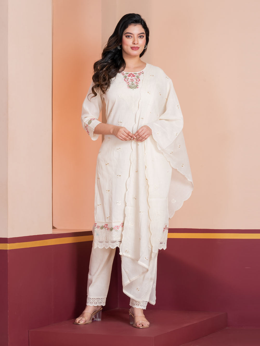 MALKORA IVORY COTTON MULMUL SUIT SET WITH PASTEL FLORAL EMBROIDERY & SCALLOP DETAILING