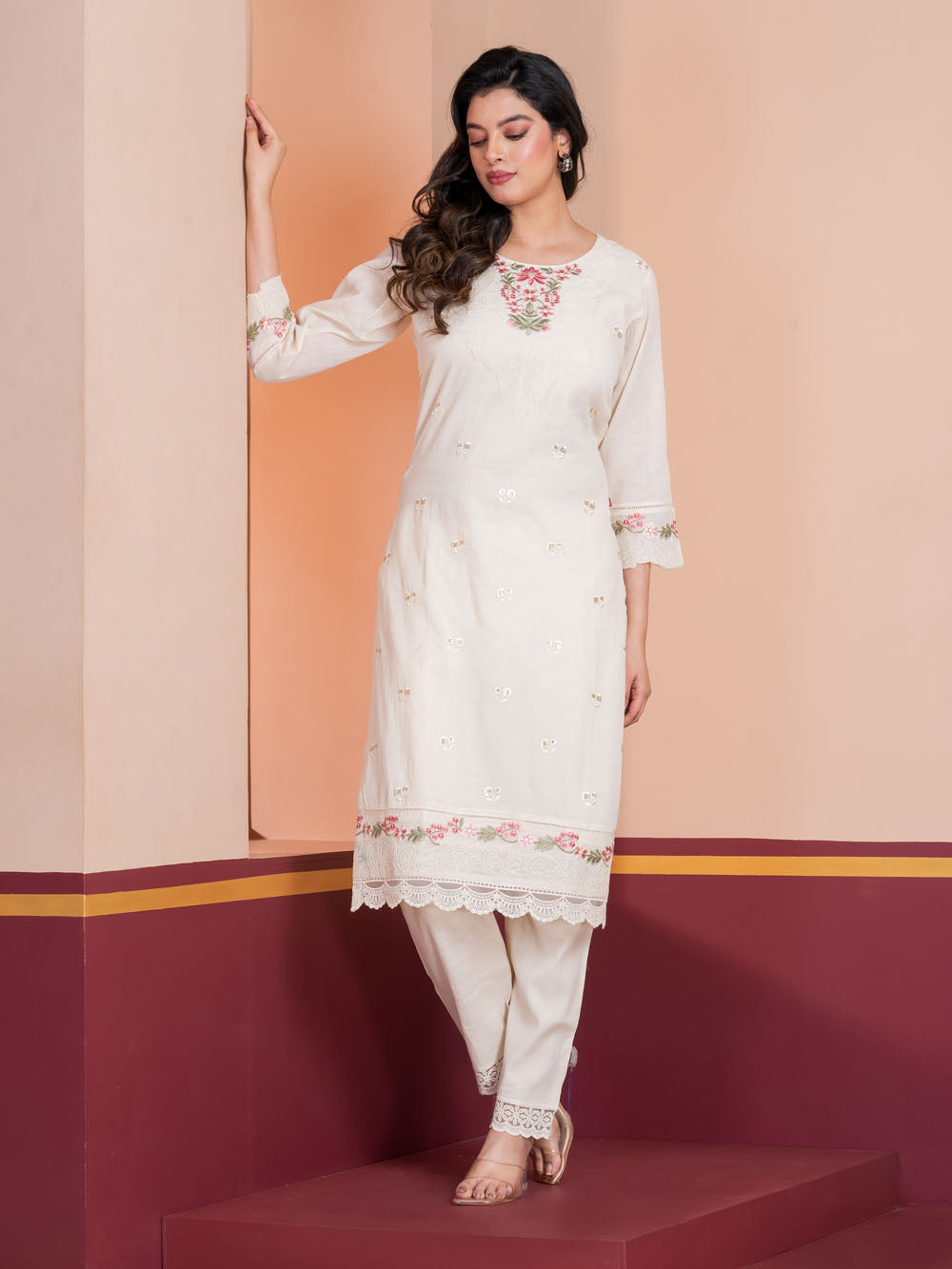 MALKORA IVORY COTTON MULMUL SUIT SET WITH PASTEL FLORAL EMBROIDERY & SCALLOP DETAILING