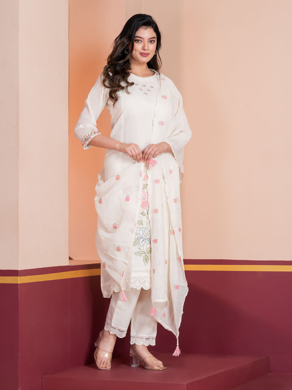 MALKORA ROSETTE BREEZE EMBROIDERED A-LINE SUIT