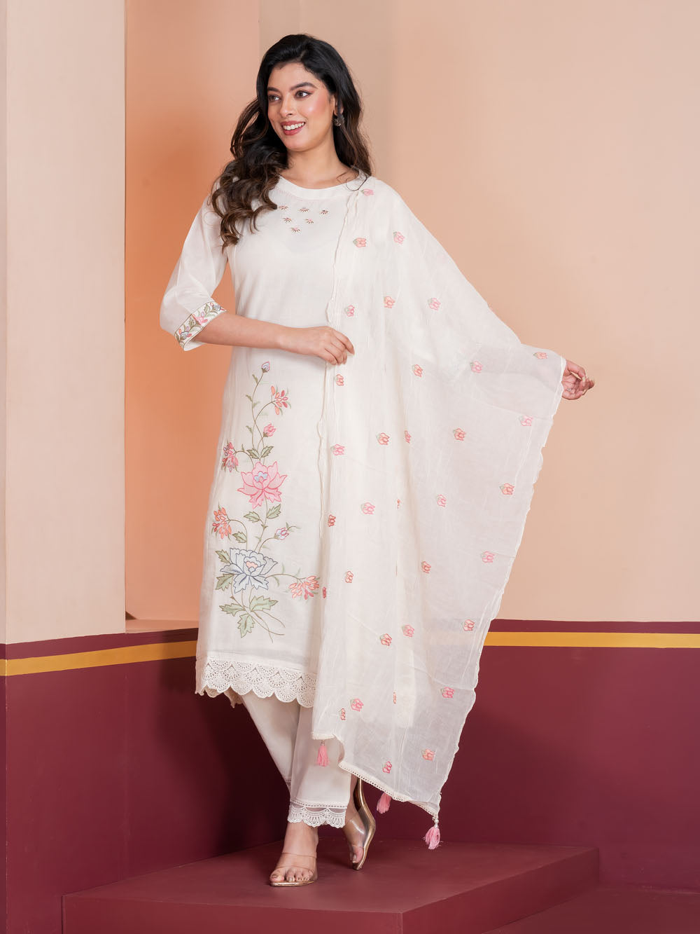 MALKORA ROSETTE BREEZE EMBROIDERED A-LINE SUIT