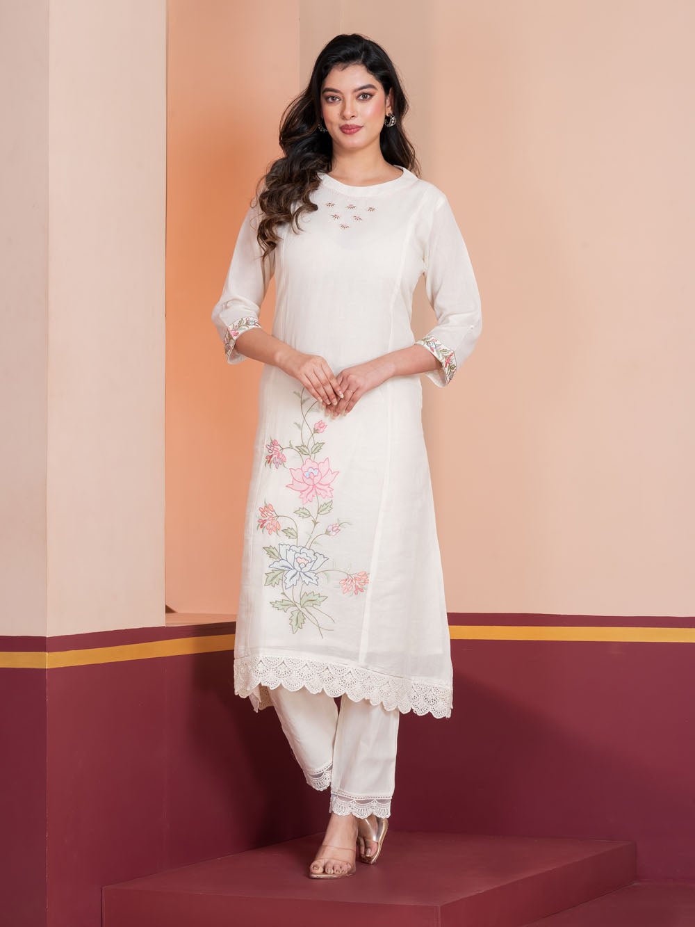 MALKORA ROSETTE BREEZE EMBROIDERED A-LINE SUIT