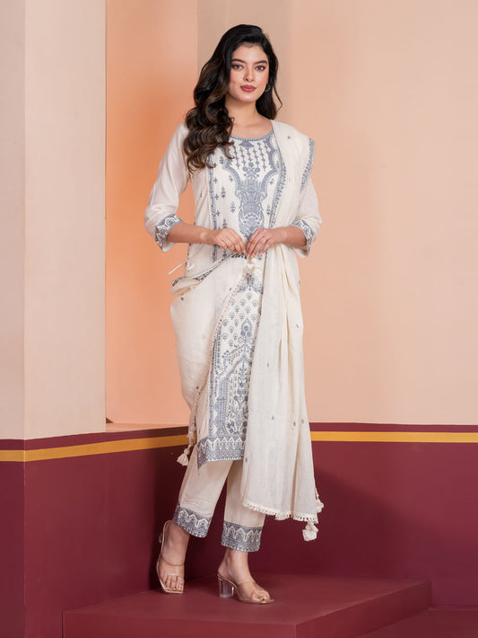 MALKORA GREY NOOR COTTON EMBROIDERED SUIT