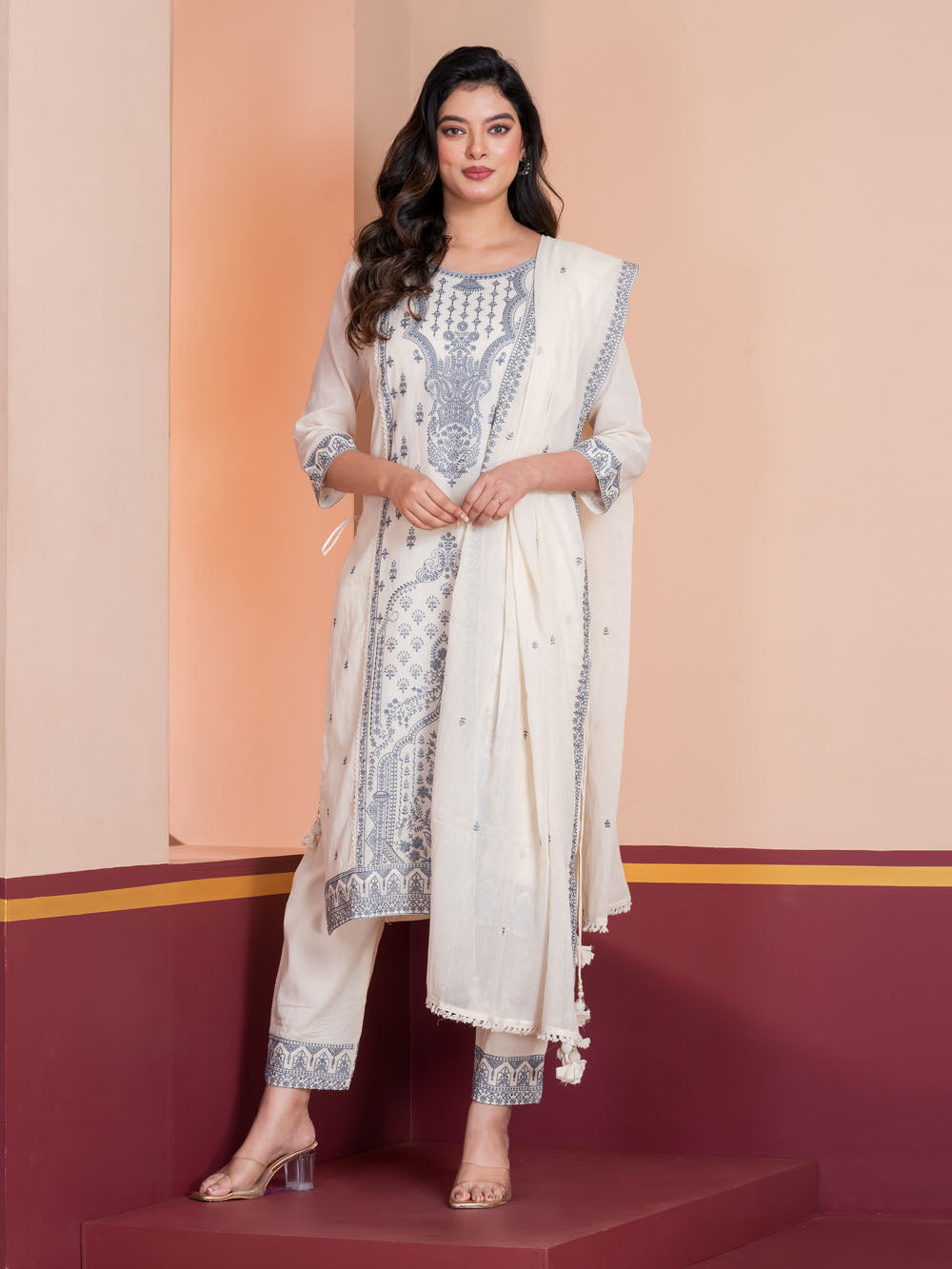 MALKORA GREY NOOR COTTON EMBROIDERED SUIT