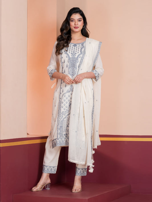 MALKORA GREY NOOR COTTON EMBROIDERED SUIT
