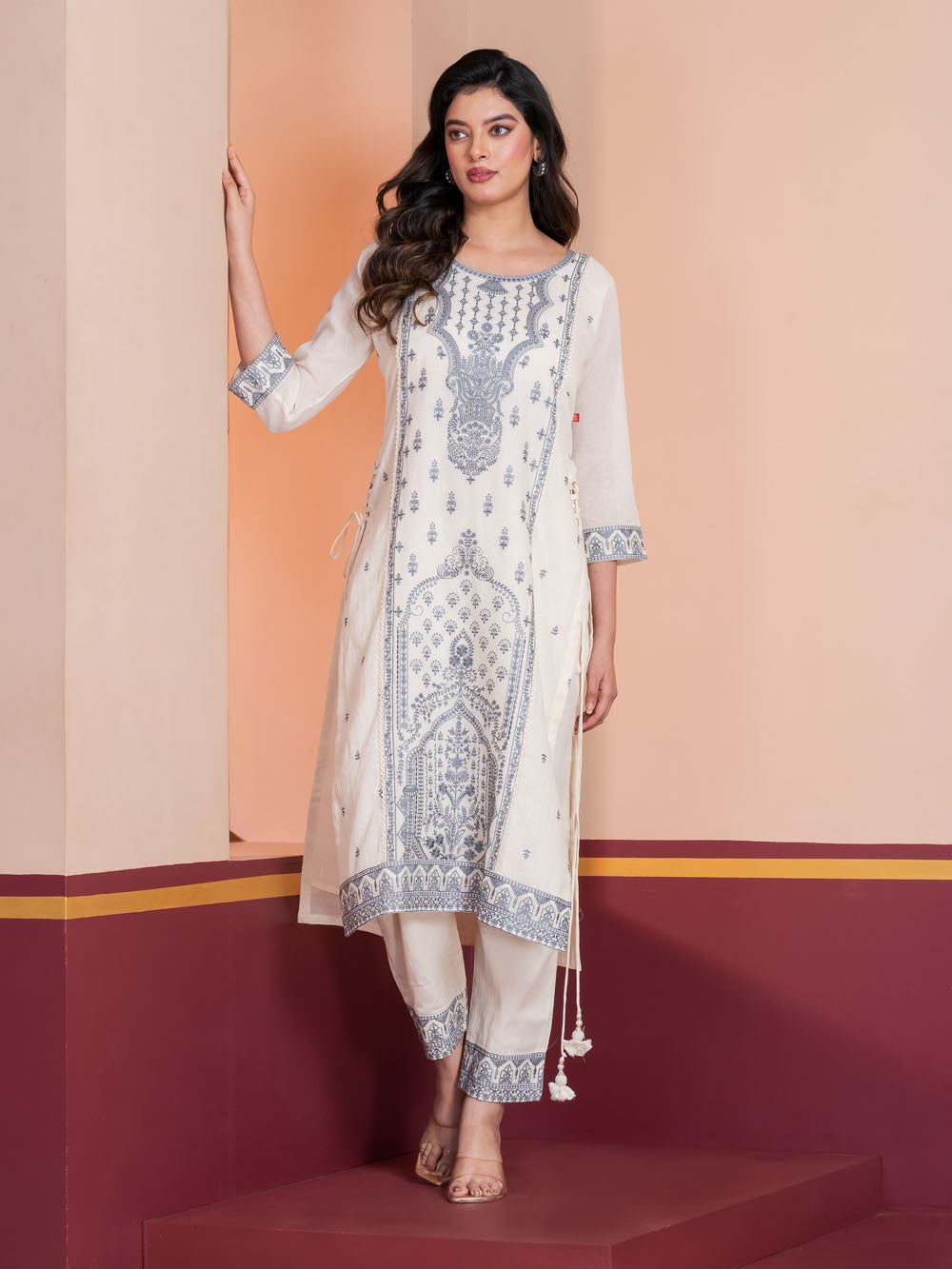 MALKORA GREY NOOR COTTON EMBROIDERED SUIT