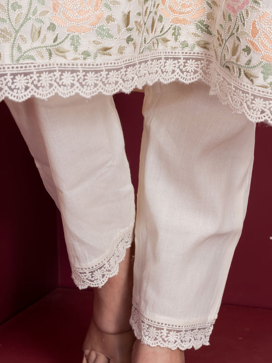 MALKORA IVORY ROSETTE EMBROIDERED SUIT SET