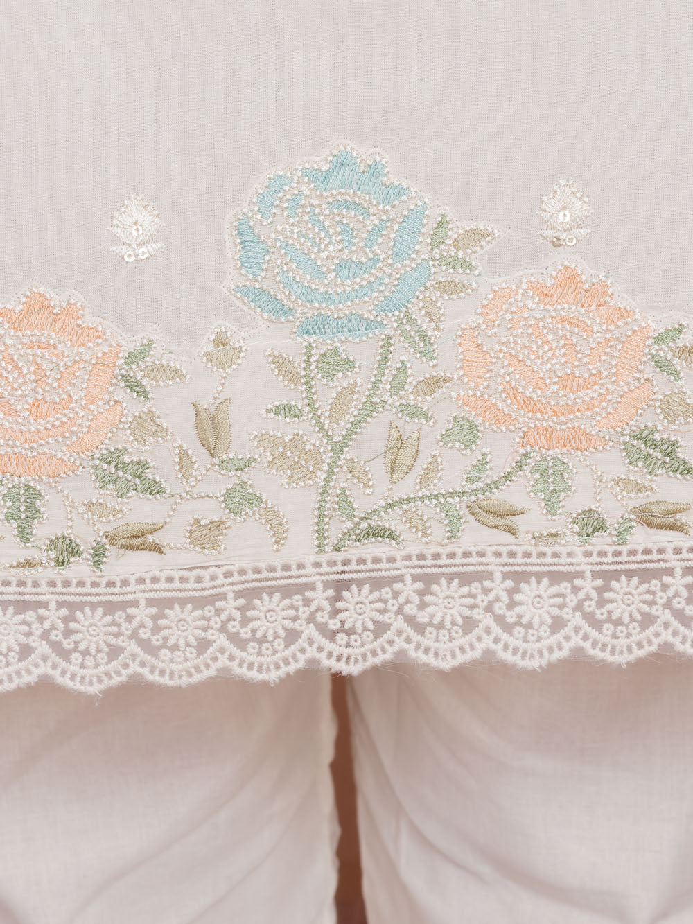 MALKORA IVORY ROSETTE EMBROIDERED SUIT SET