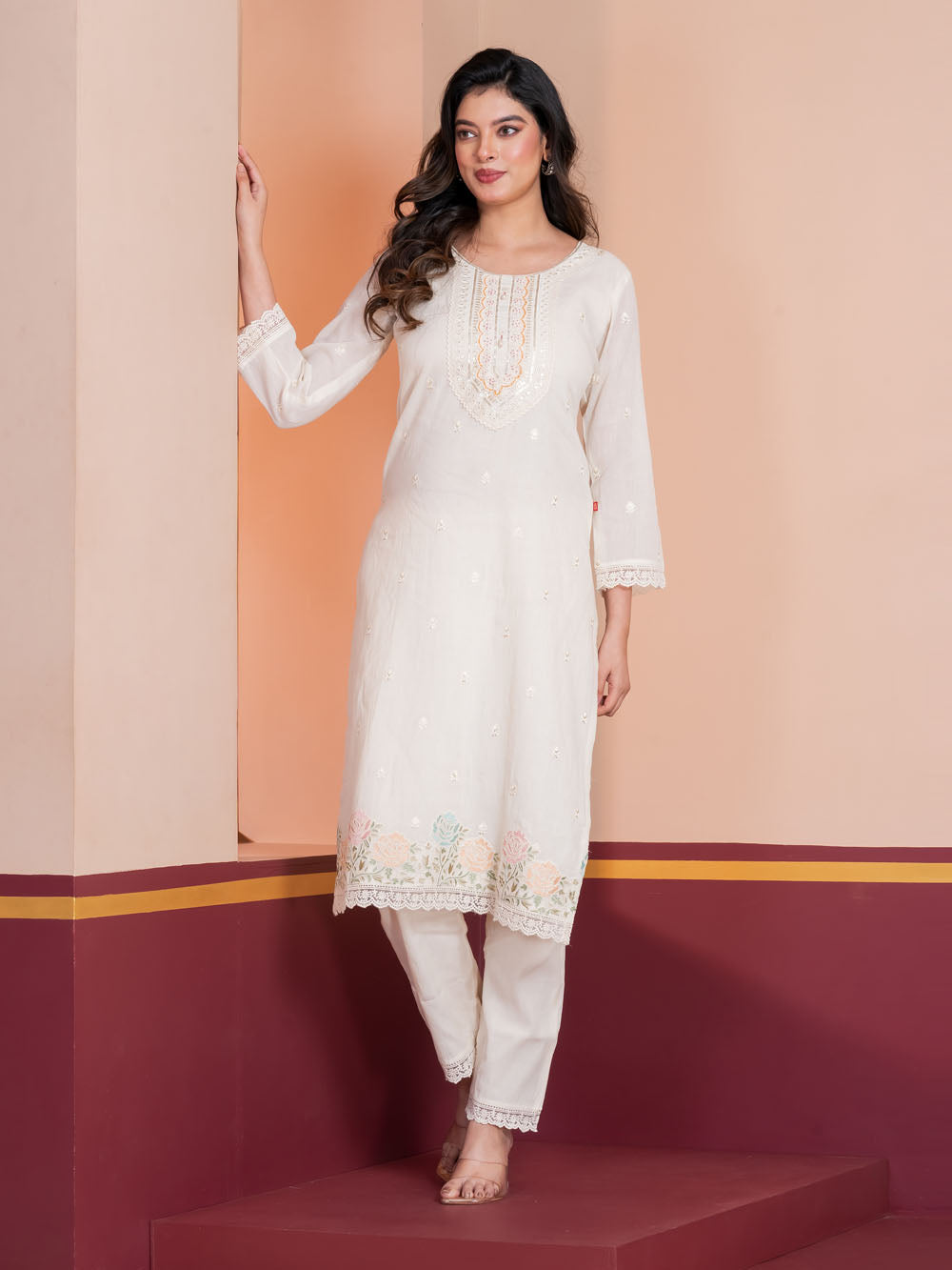 MALKORA IVORY ROSETTE EMBROIDERED SUIT SET
